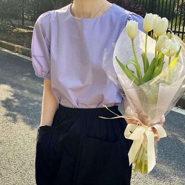 

two piece dress summer new puff sleeve cotton women blouses round collar short loose solid color spliced casual female blouse, White