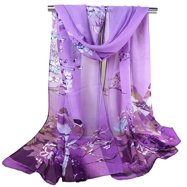 

scarves chiffon scarf women birds blossom printing flower beach fashion medium shawl cape ladies female plant scarfs wraps, Blue;gray