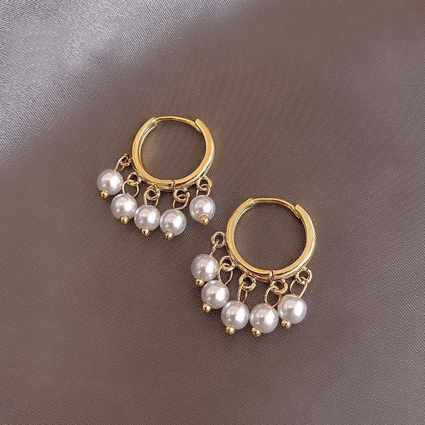 

hoop & huggie elegant white pearl pendant wrap circle earrings for women girls wedding bride party short tassel earring, Golden;silver