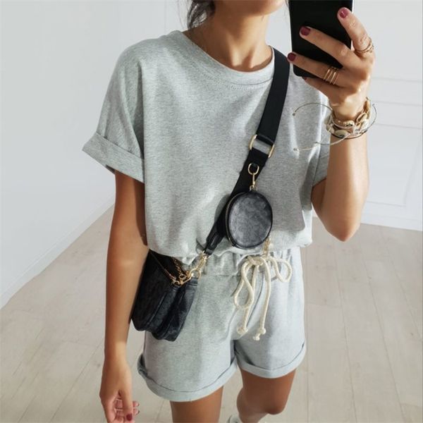 

casual women's two piece suit summer elastic waist solid color leisure home set women 2 set o-neck shorts 210508, White