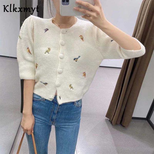 

klkxmyt za women fashion embroidery kintting cropped cardigan sweater vintage o neck long sleeve female outerwear chic 210527, White
