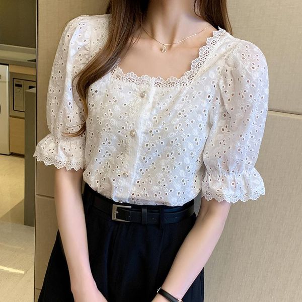 

women's blouses & shirts elegant white cotton women blouse chic lace hollow out puff sleeve female shirt summer square collar button