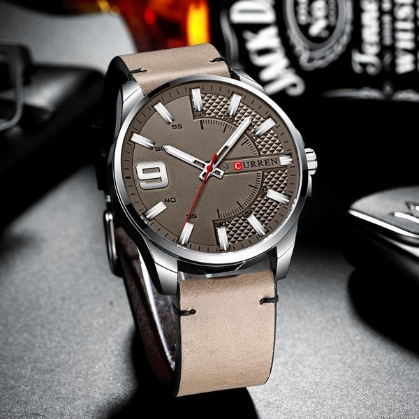 

wristwatches business watch men curren watches men's quartz leather wristwatch luminous hands clock male, Slivery;brown