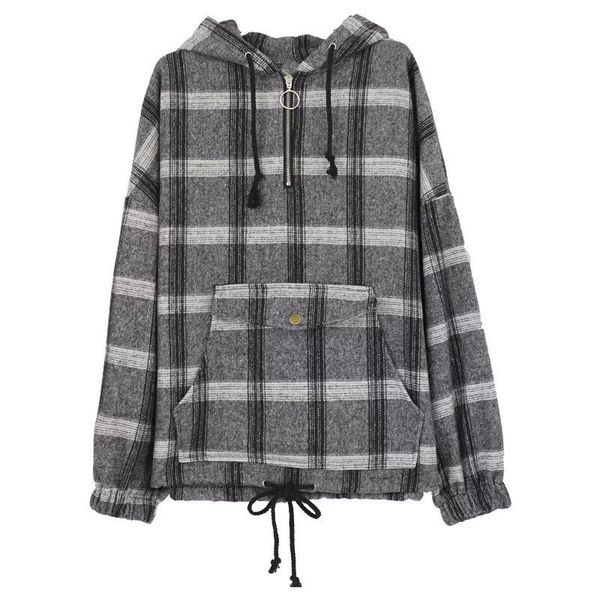 

women hooded pullover thick gray black white plaid pocket autumn winter h0070 210514