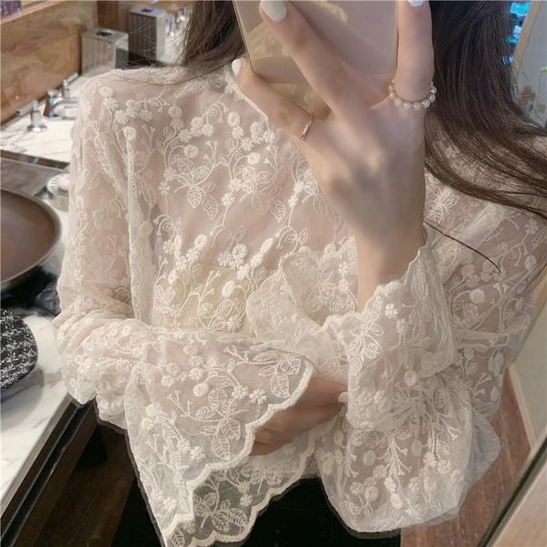 

long-sleeved inner shirts women see through lace shirt 2021 white turtleneck sheer bottoming flare sleeves blouse women's blouses