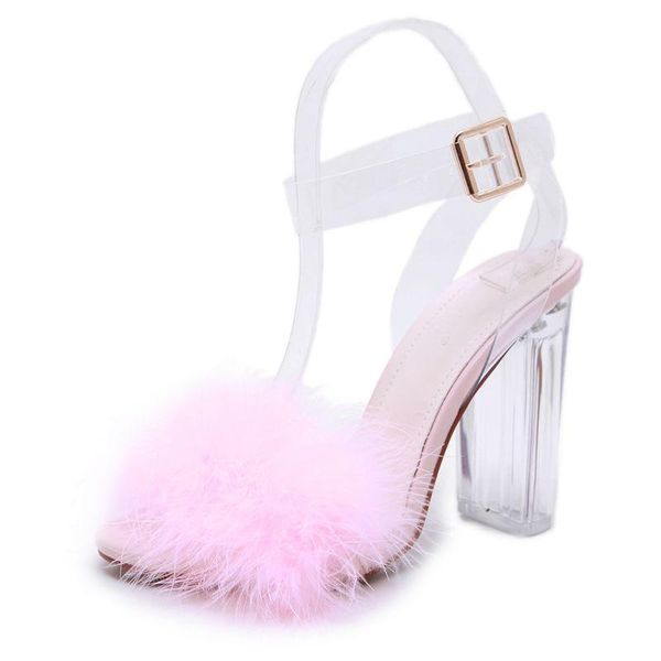 

dress shoes 2021 summer sandals for ladies open toe fur block high heels pvc pink wedding woman big size 41 yellow color buckle, Black