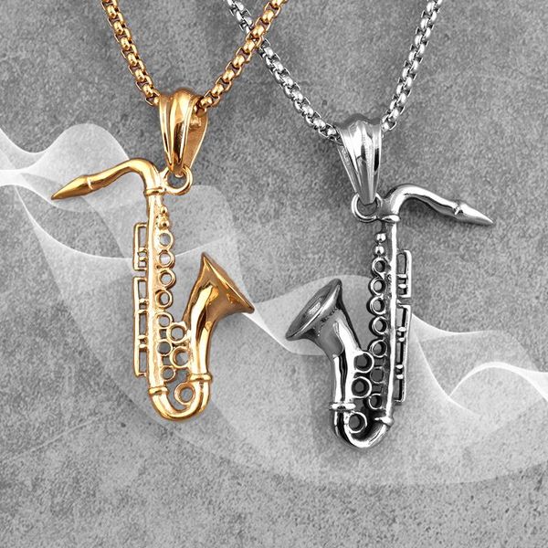 

pendant necklaces gold saxophone long men chain punk cool for boyfriend male stainless steel jewelry creativity gift wholesale, Silver
