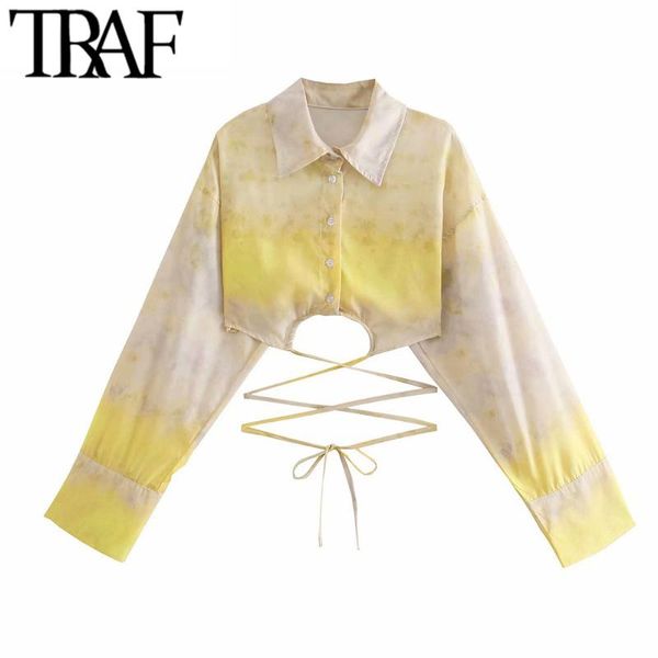 

women's blouses & shirts traf women fashion with tied tie dye print cropped vintage lapel collar long sleeve female chic, White