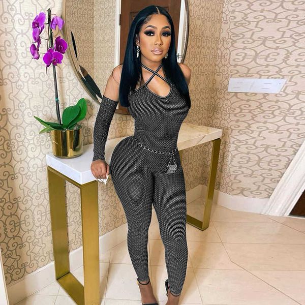 

quanrun women dot print slim bodycon slash shoulder jumpsuits fashion casual femmal clothing party club streetwear 210604, Black;white