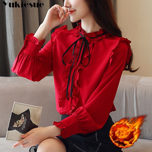 

winter warm thick women clothing long sleeve bow tie shirts korean chiffon blouse shirt plus size 210518, White