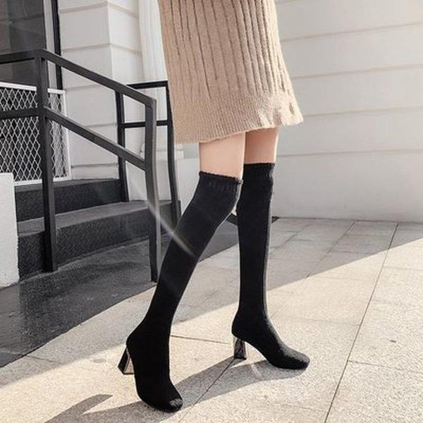 

boots 2021 fashion women sock pointed toe chunky heel woman's over the knee flock solid color ladies shoe weave autumn, Black