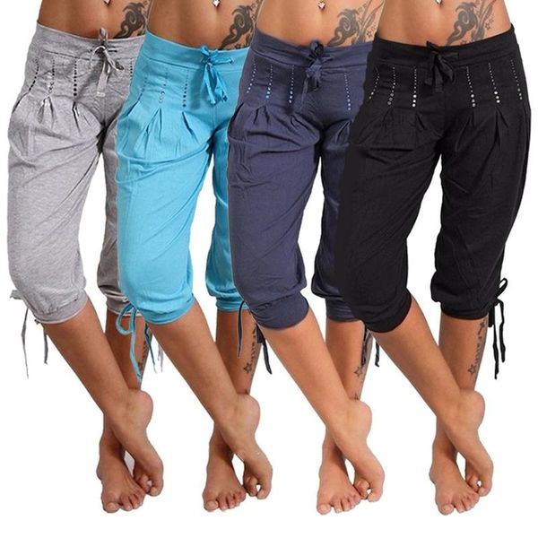 

women's pants & capris plus size capri women drawstring rhinestone pleated sports fitness sweatpants trousers pantalon femme, Black;white
