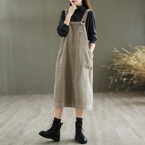 

casual dresses 2021 solid color corduroy literary retro strap dress women loose large size mid-length autumn sleeveless vestido y422, Black;gray