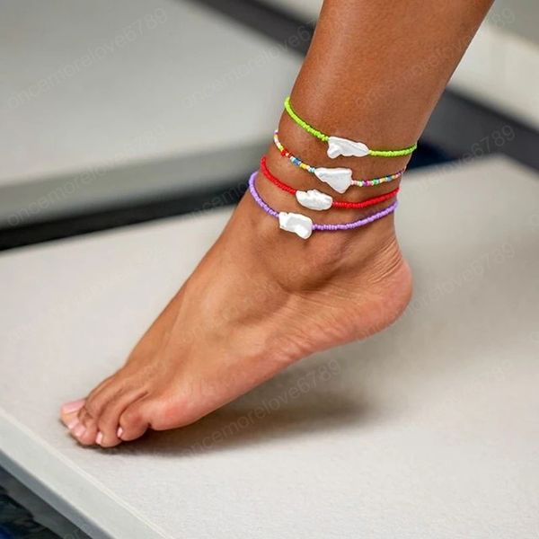 

trendy pearls colorful beaded anklet bracelet for women bohemian handmade elastic strech ankle jewelry, Red;blue