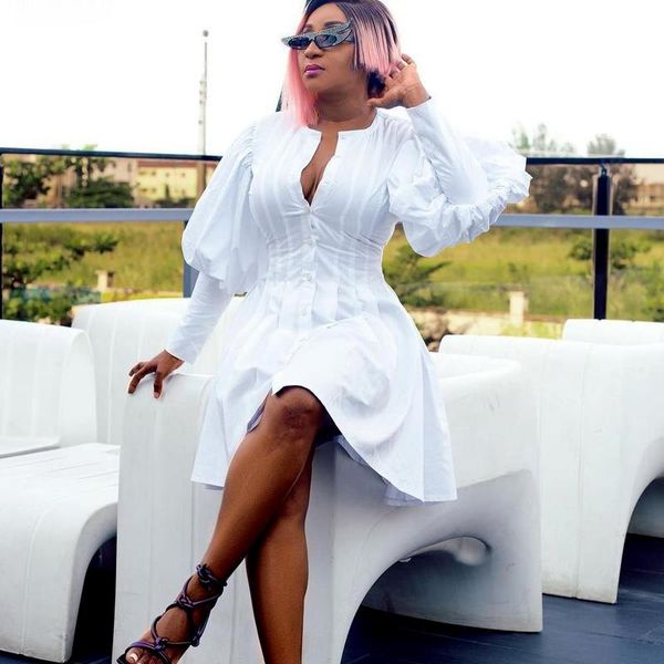 

ethnic clothing white puff long sleeve dress african dresses for women evening party dashiki pleated woman knee-length summer robe, Red