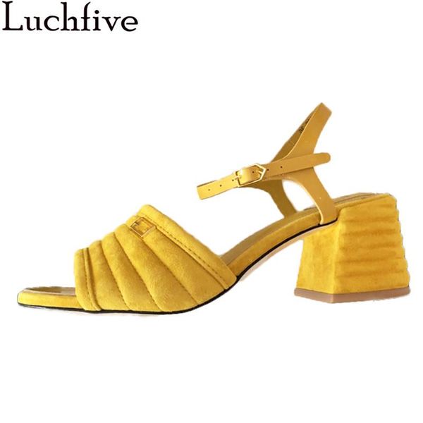 

dress shoes suede open toe chunky heels sandals women ripple designer leather woman summer ankle buckle formal ladies, Black