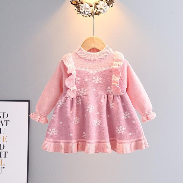 

girl's dresses autumn winter girls dress long sleeve o-neck ruffles snowflake pattern knit for children, Red;yellow