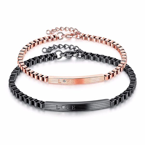 

stylish rhinestone setting lovers' couple bracelet 316l stainless steel carving word love charm romantic gift valentine link, chain, Black