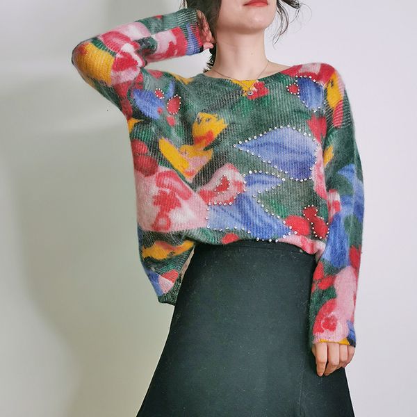

sweater 2021 autumn and winter color printed mohair wool lazy pullover women p0i5, White;black