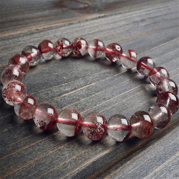 

beaded, strands 9.5mm genuine red phantom volcanic ash quartz crystal round clear beads stretch charm bracelets for women, Black