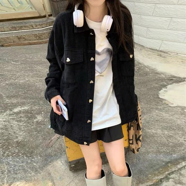 

women's jackets kawaii girl corduroy jacket women 2021 autumn loose casual basic outwear full sleeve pocket solid single breasted overs, Black;brown