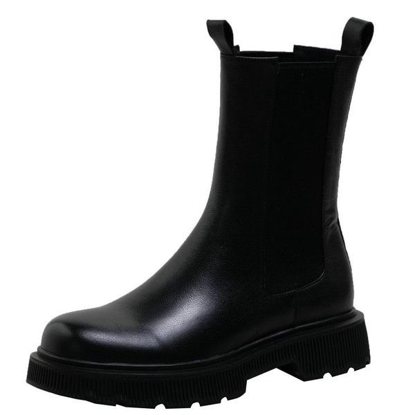 

boots 2021 autumn winter women ankle basic concise genuine leather elastic band low heels casual working shoes woman, Black