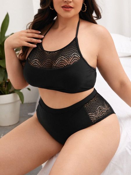 

plus contrast lace bikini swimsuit 73rx#, Black