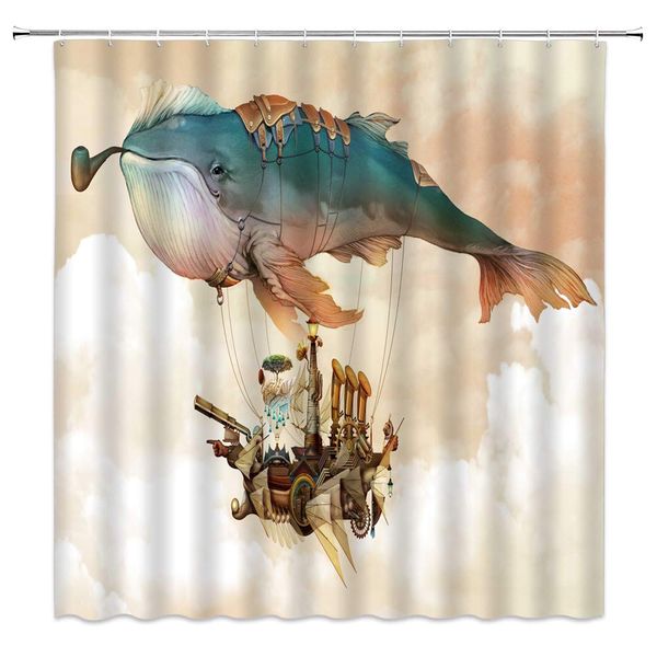 

cartoon whale shower curtain fantasy flying whale drags the castle pirate ship,70x70 inch polyester fabric bathroom accessories