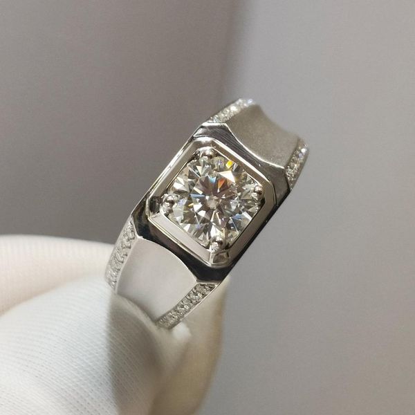 Elegante 9k homens de ouro branco anel 1ct d cor de pedra principal moissanite jóias anel anel de casamento aniversário presente