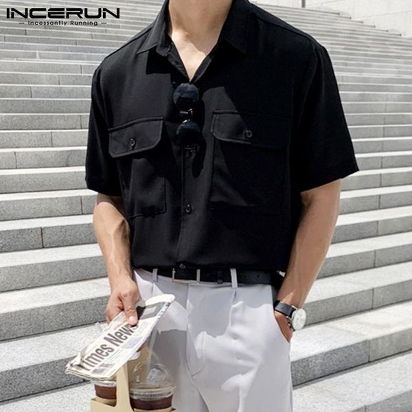 

men's casual shirts incerun summer solid color men shirt multi pockets camisa man korean style short sleeve lapel blouse streetwear plu, White;black