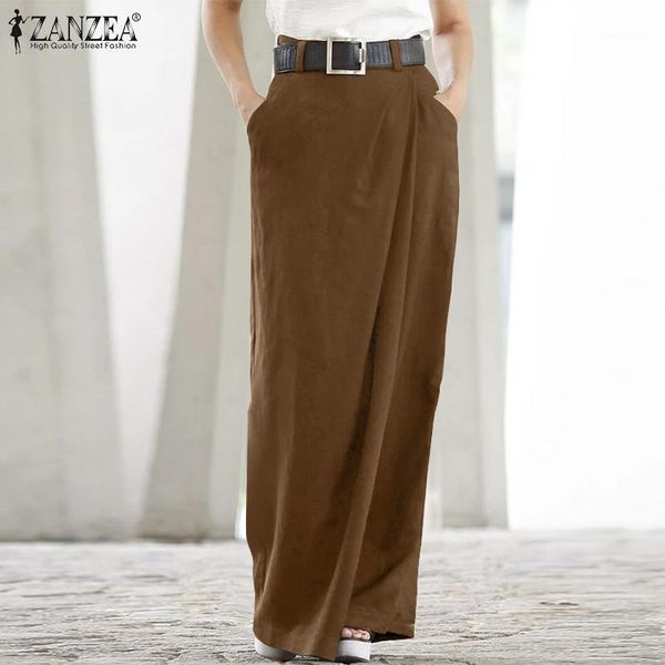 

women's pants & capris women wide leg zanzea zipper elegant trouser holiday office work casual long pantalon palazzo irregular culottes, Black;white