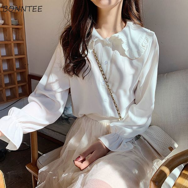 

shirts women peter pan collar solid simple all-match elegant fresh lovely womens new autumn blouses flare sleeve fashion x0521, White
