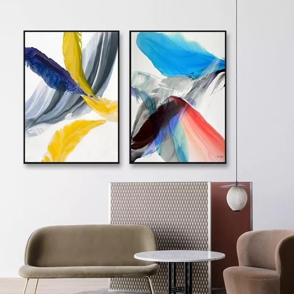 

paintings nordic colorful abstract feather wall art canvas painting blue yellow watercolor poster print picture for living room decor