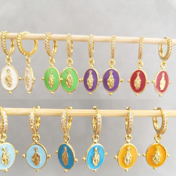 

hoop & huggie pair enamel earrings for women gold color virgin mary oval earing cz jewelry red drop arete small black white neon, Golden;silver