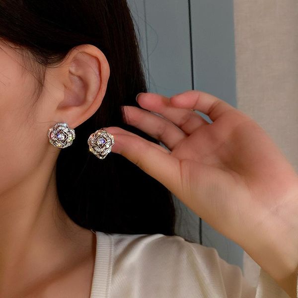 

stud design flower earring crystal, Golden;silver