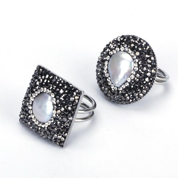 

cluster rings trendy round square charm pave natural rough freshwater pearl rhinestone silver color metal ring for women wedding party jewel, Golden;silver