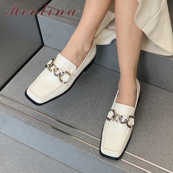 

loafers shoes women real leather med heels square toe pumps metal decoration thick heel female footwear spring white 40 210517, Black
