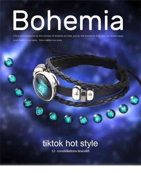 

2021 new style adjustable luminous 12 starry sky leather bracelet braid bracelet, Golden;silver