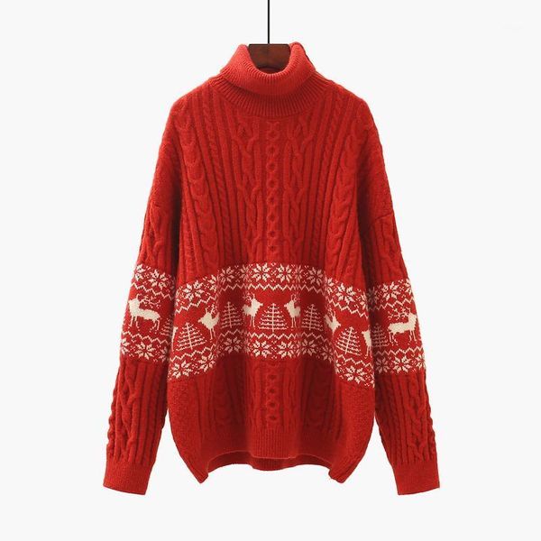 

turtleneck red knitted women sweater pullovers long-sleeved loose casual all match female pulls outwear coats women's sweaters, White;black