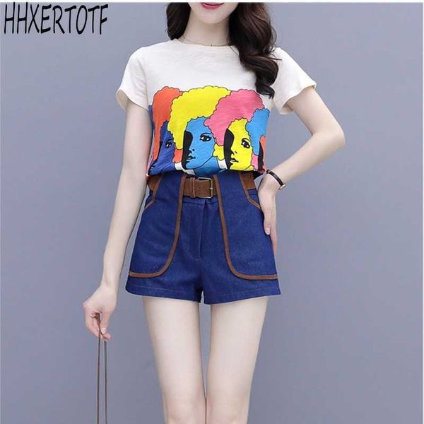 

summer 2 piece sets casual temperament women curly hair girl printed t-shirt + high waist denim shorts with belt 210531, White