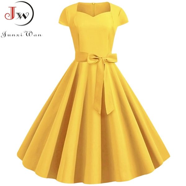 Summer Solid Yellow Color 50s 60s Vintage Dress Dress Donne Manica corta Colletto quadrato Elegante Elegante Party Party Midi Abiti Cintura 210630