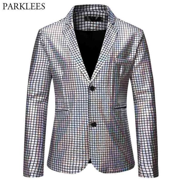 Blazer con paillettes scozzese argento Giacca da uomo monopetto slim fit Blazer maschile Festival Carnaval Party Costume di Halloween 210522