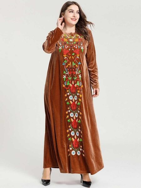 

casual dresses muslim arab large size women's islamic turkey fashion embroidered long-sleeved middle east dubai gold velvet dress, Black;gray