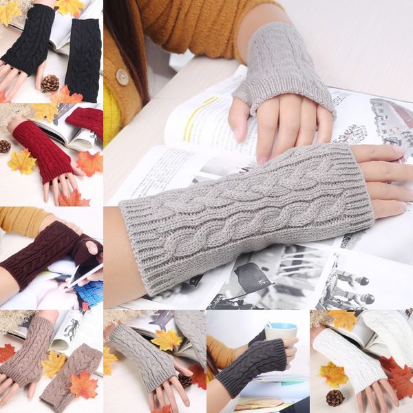 

retro knitted twist fingerless gloves women's stylish hand warmer mittens winter wrist guard gloves, White