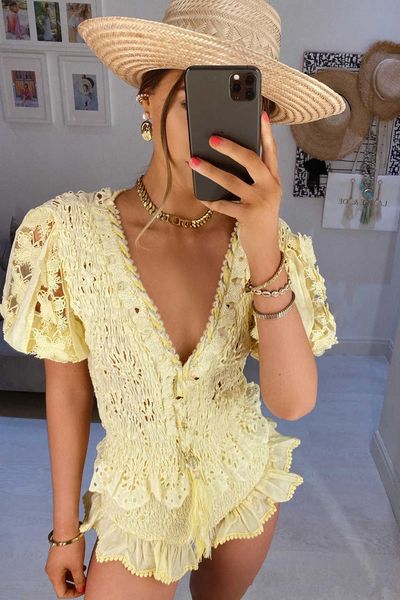 

two piece dress women sets hollow out holiday yellow wono, White