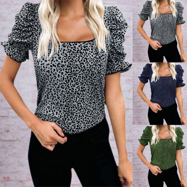 

women's t-shirt women fashion elegant o-neck ruffled leopard print summer butterfly short sleeve loose fit tees, White