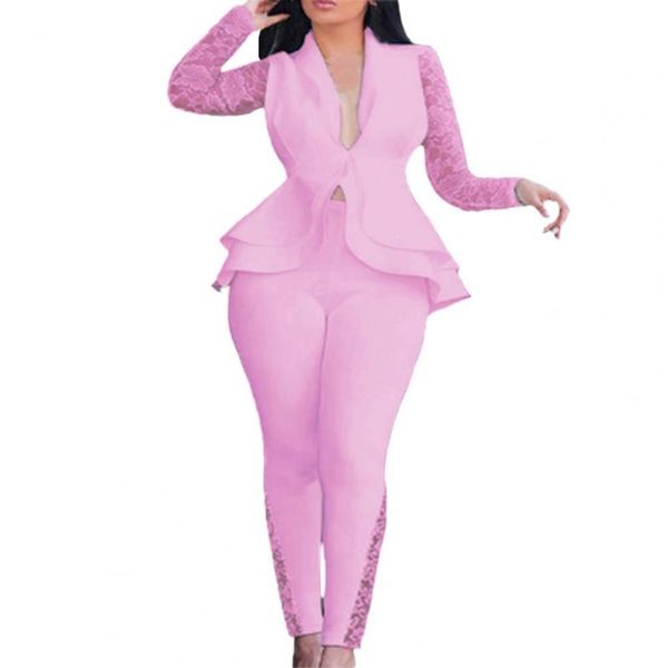 

women's pants & capris stylish tight waist suit solid color lace slim deep v neck ruffle loose hem lady for autumn 2021, Black;white