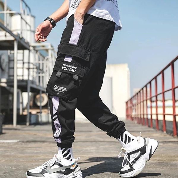 

men's pants hip hop ribbon cargo jogging streetwear dress 2021 fashion elastic waist cotton black