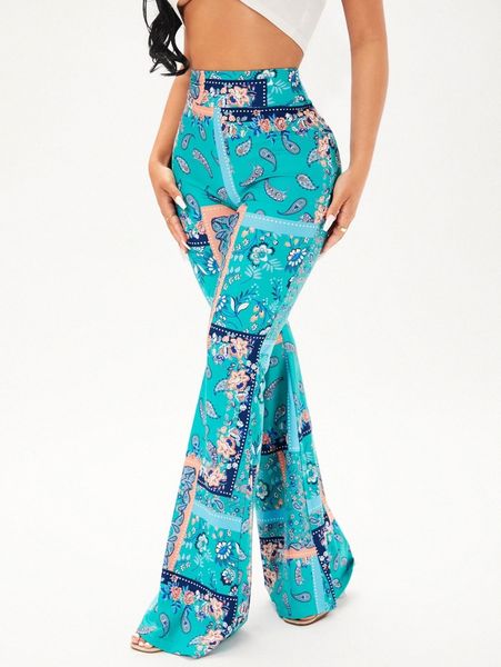 

sxy scarf print flare leg pants 37so#, Black;white