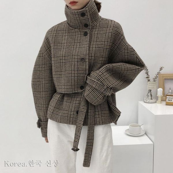 

women's wool & blends 2021 winter korean waist closing double-sided cashmere coat female thousand bird plaid collar temperament small t, Black